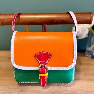 Italian Recycled Leather Colorblock Crossbody Bag Orange Green